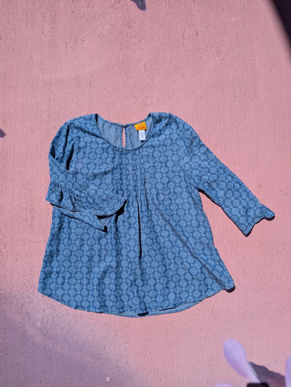 Ruby Rd Blue Tencel Medallion Print Pleated Ruffle Sleeve Blouse Top M